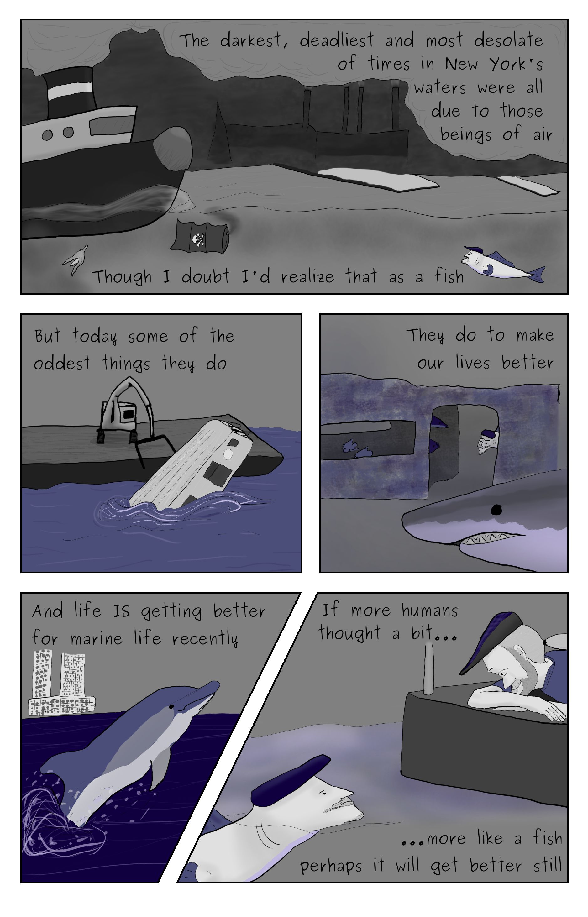 A comic featuring a ninteenth century poluted East River with a fish version of Phillip, a subway car being dumped into the ocean, a subway car being used as an artifical reef by fish to hide from a white shark, a comon dolphin jumping out of the East river in front of Williamsberg. Phillip Gerba looking at his fish version while laying on a pier.