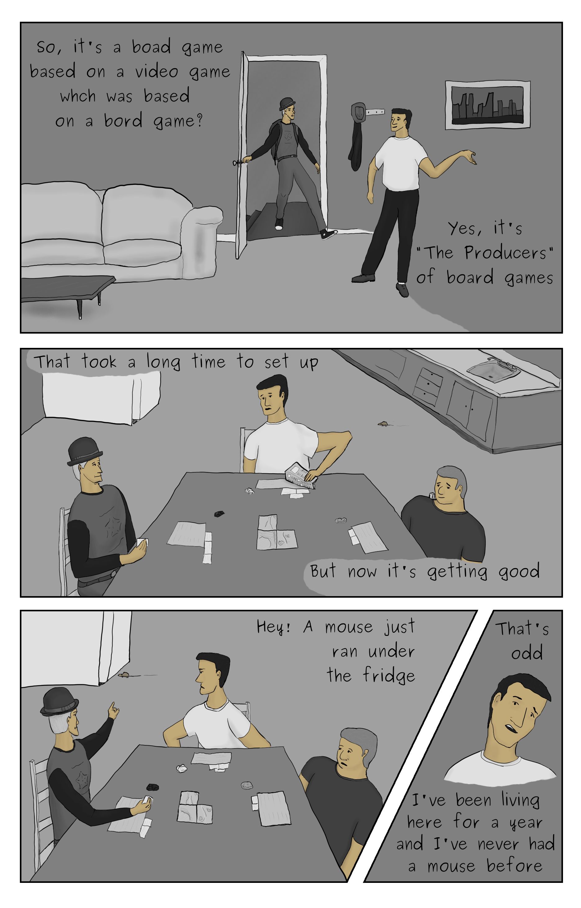 A comic featuring Phillip Gerba coming over to a friends house to play a board game, and a mouse running under the fridge while the game was being played.