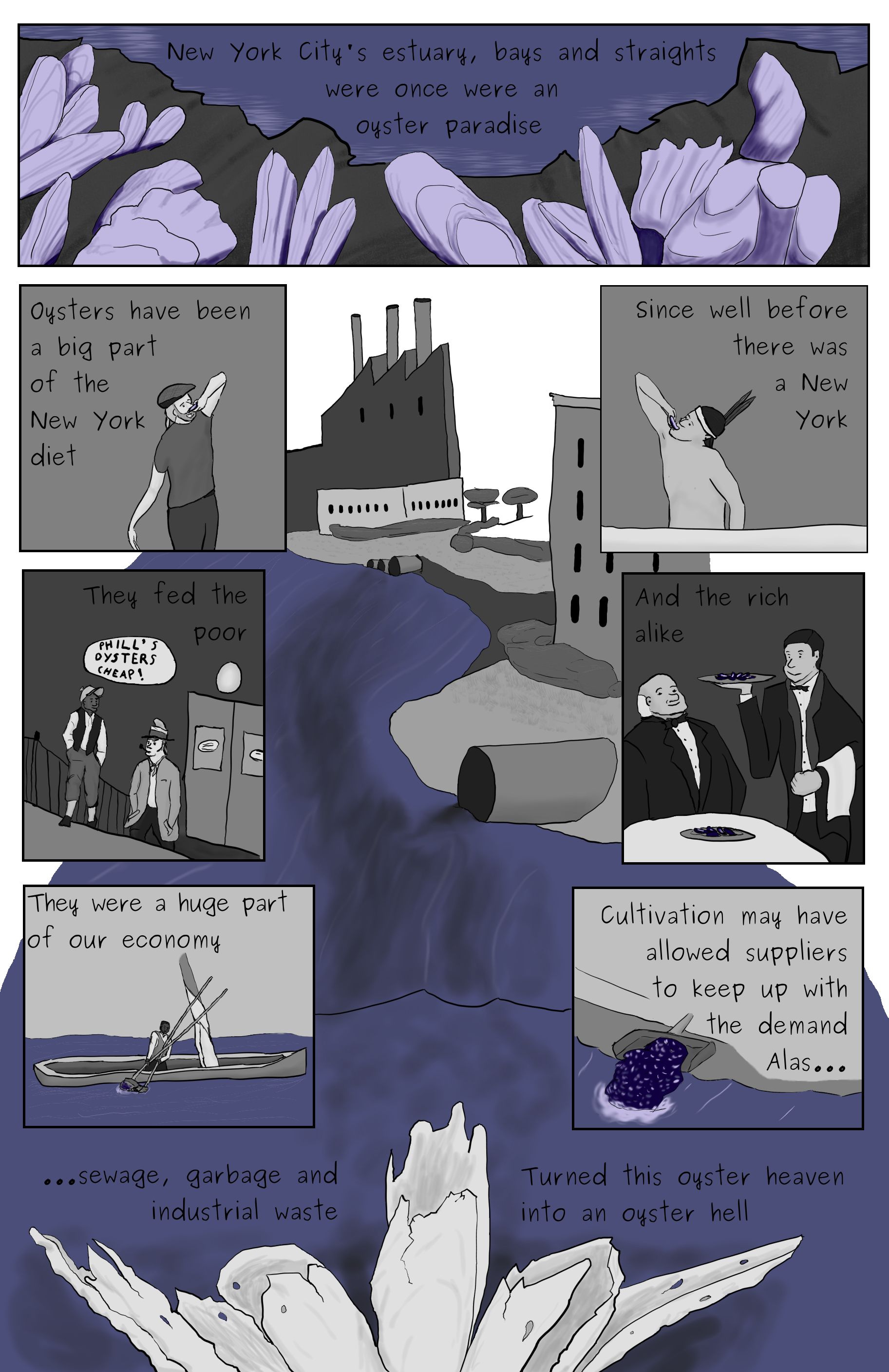 A comic featuring an healthy oyster bed, Phillip Gerba eating an oyster, a leni Lenape eating an oyster, a working class pair leaving a New York oyster cellar, a fancy waiter serving oysters on a silver platter, a person tonging oysters from a boat, a person seeding oysters from a boat, and scene of poluters contamanating a dead oyster bed.