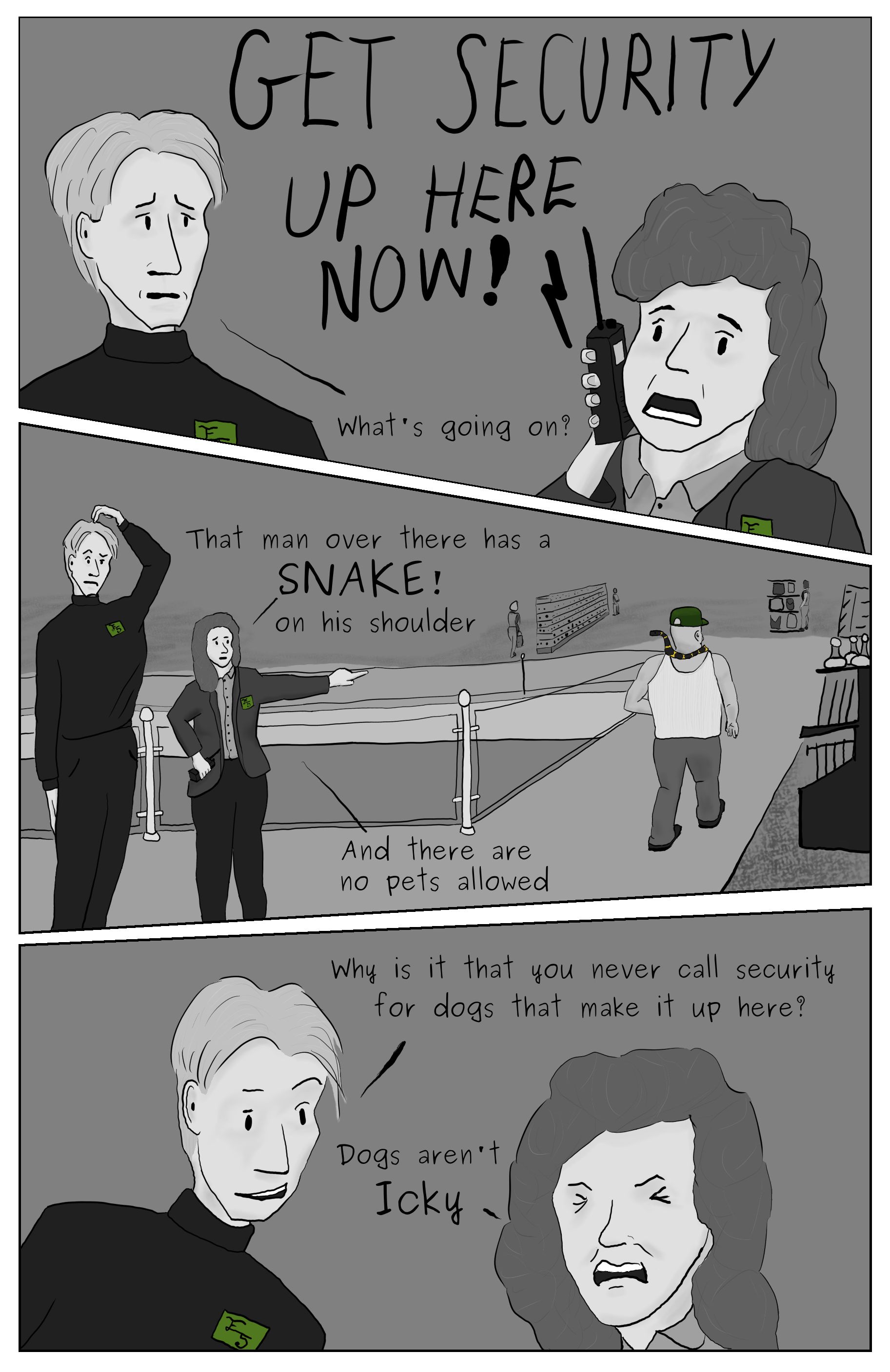A comic feturing a conversation between Phillp Gerba, and his manager at the fifth avenue store they work at. The conversation is about the manager calling securety about a guest who has brought a snake into the store.