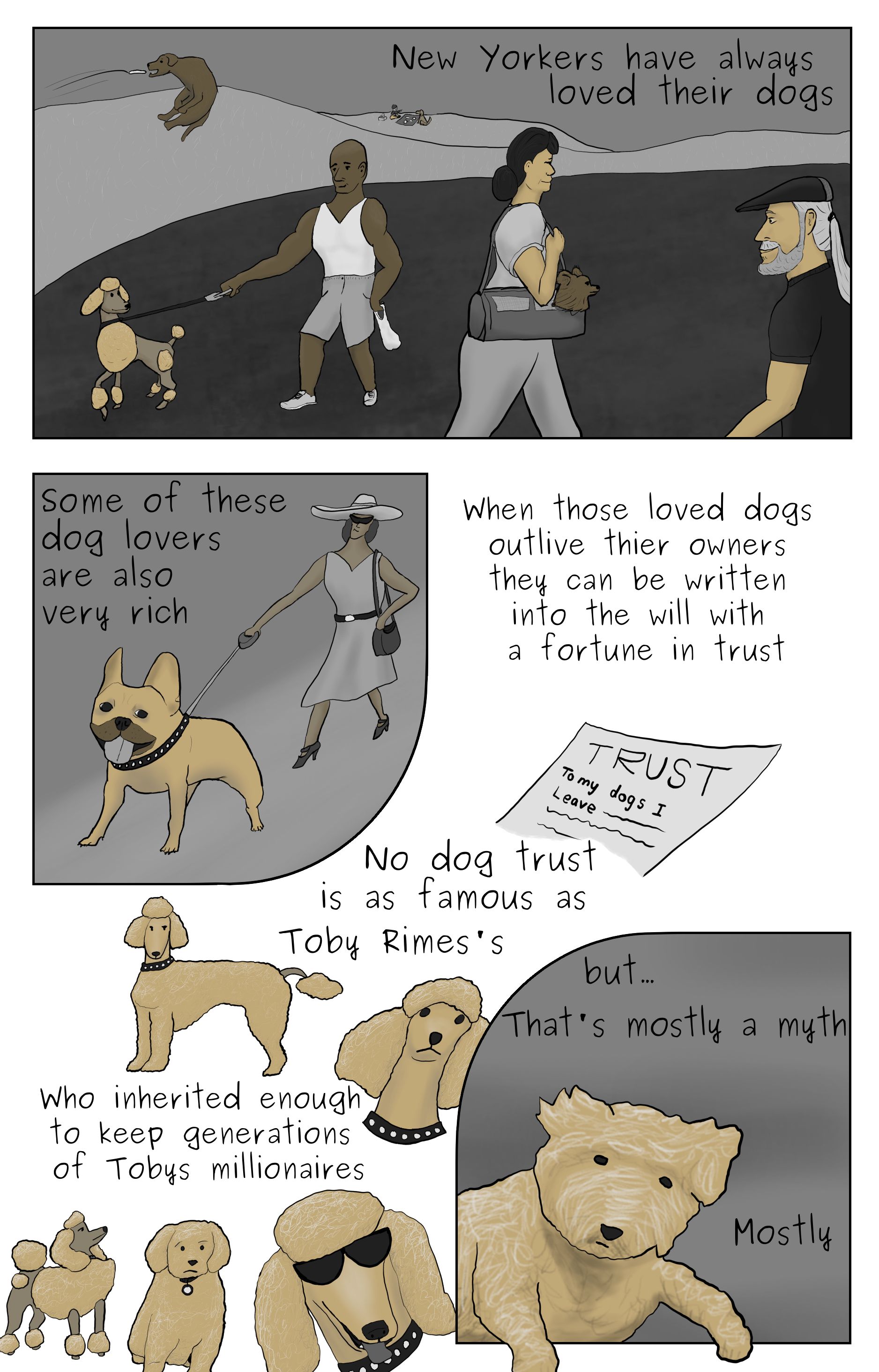 A comic featuring Phillip Gerba looking at a bunch of dog lovers, a trust,and a series of poodles ending in a poodle being held by Ella Wendel.
