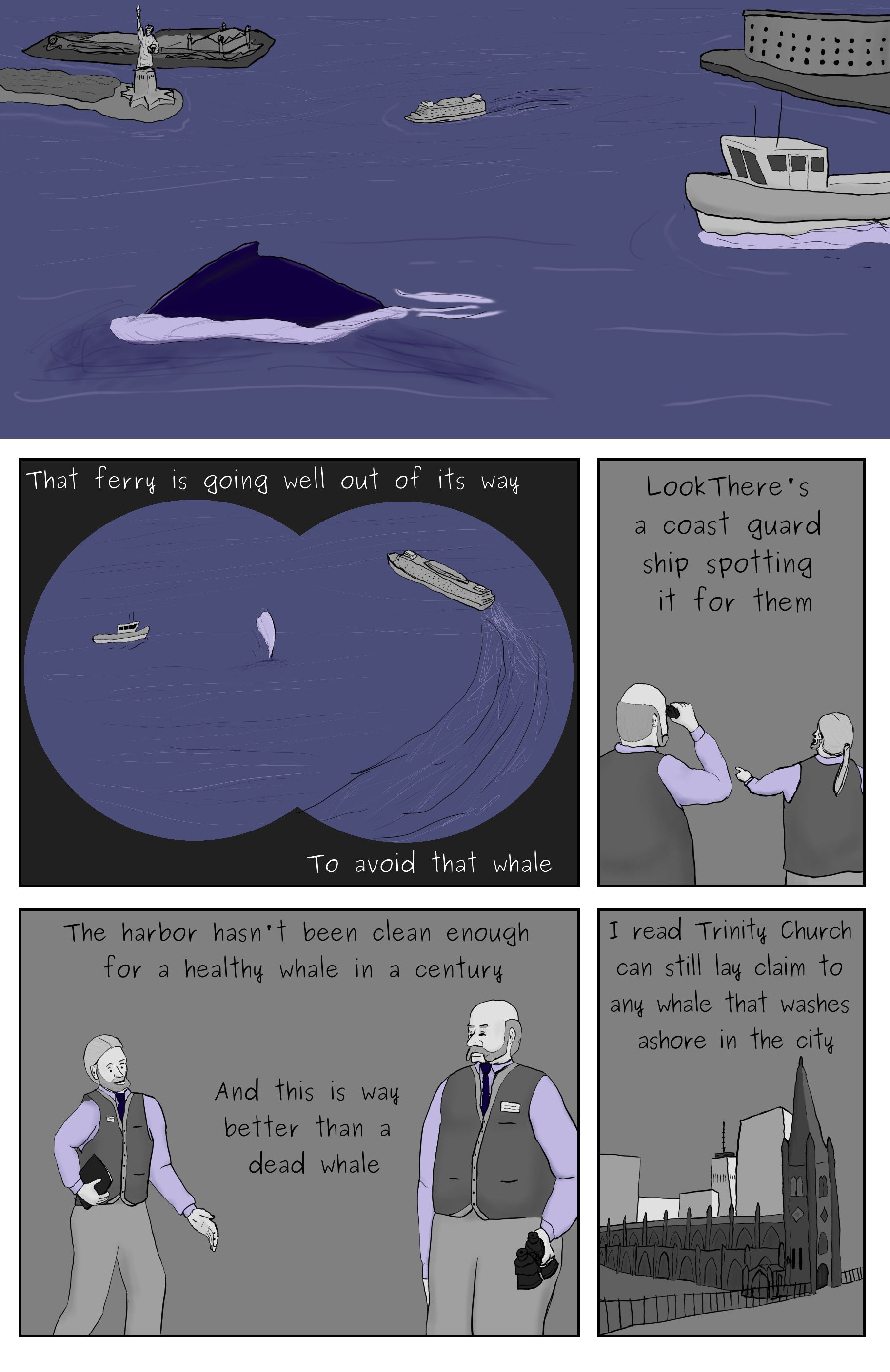 A comic featuring a close up of a whale's back breaching in New York Harbor, a binocular framed view of same whale bowing steam from blowhole, Phillip Gerba and coworker discussing whale, and Trinity Church.