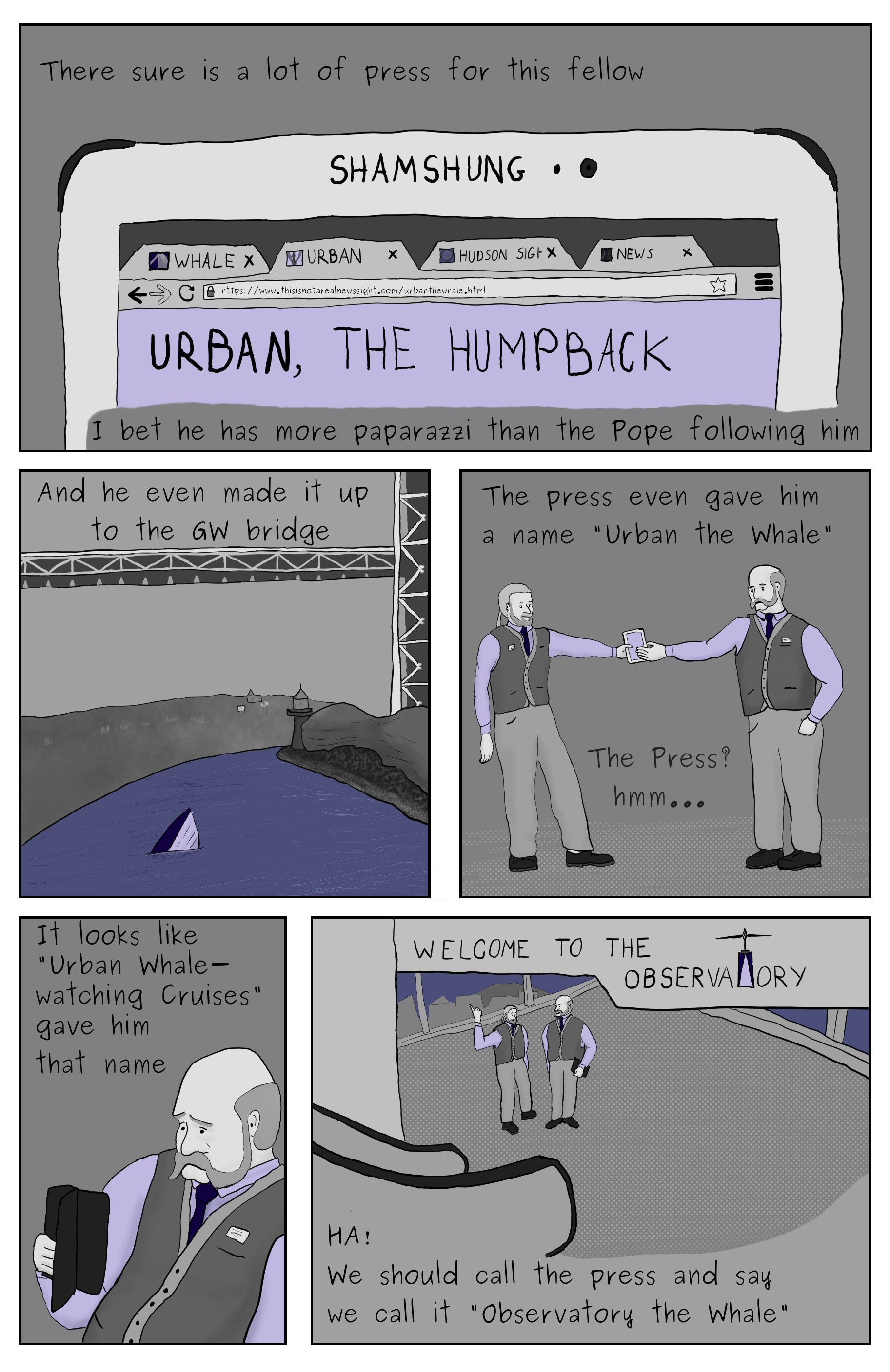 A comic featuring the top of a tablet showing several headlines featuring whale in NYC, a while breaching in front of the George Washington Bridge, and a discussion between Phillip Gerba and one of his co-workers at an observatory.
